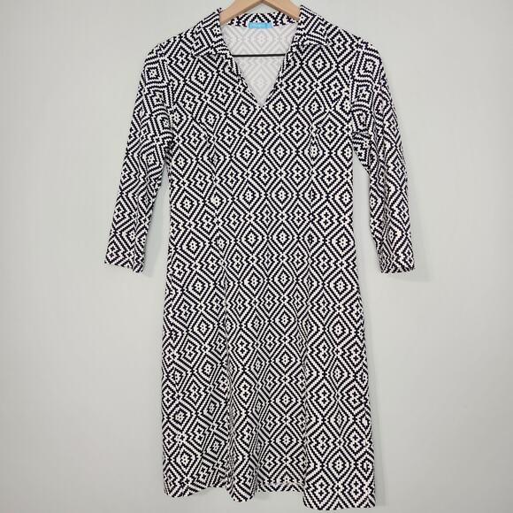 J. McLaughlin Geometric Print Collared V-neck Stretch Catalina Cloth Dress - Picture 1 of 9